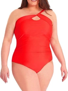 RACHEL Rachel Roy Solid Ruched One-Shoulder One-Piece Red Swimsuit 2X Plus NWT - Picture 1 of 3