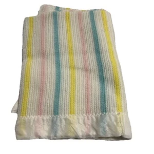 Vintage Baby Blanket Pastel Stripe Acrylic Satin Trim Waffle Weave 46” X 33” - Picture 1 of 9