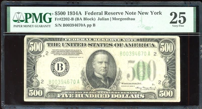 1934-A $500 Federal Reserve Note Bill FRN FR-2202. Certified PMG 25 (Very Fine) - Image 1 of 2