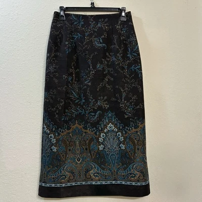 Saia Midi Briggs Camurça-Like Paisley Feminina Marrom Azul-petróleo Boho Vintage Tamanho 6P - Imagem 1 de 4