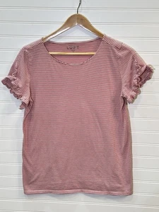 LOFT White and Pink Striped Ruffle Short Sleeve Top Women's Size Medium Nautical - Picture 1 of 9