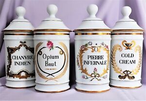 4pc Limoges porcelain Pharmacie Jar Opium Brut and other inscriptions, Au Pot Ga
