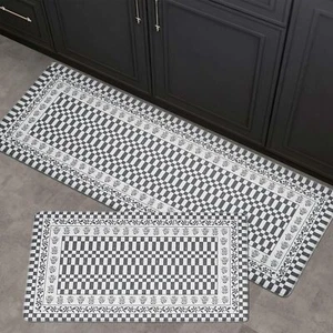Floral Checkerboard Anti-Fatigue Kitchen Mat Set of 2 Cushioned Foam Kitchen ... - Picture 1 of 7