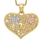 14K Two Tone Gold White Best Daughter Heart Love Flowers Necklace Charm Pendant