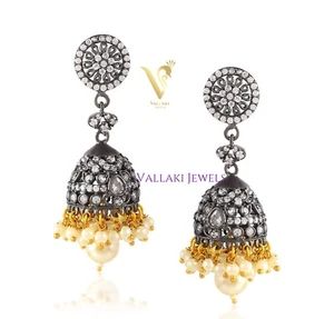 Antique Mayur Jali 925 Silver Bollywood Pearl CZ hanging Big Jhumka Earrings - Picture 1 of 22