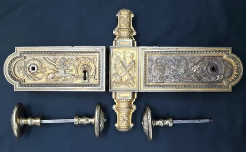 Rare 1800s Ornate Solid Brass Griffin Design Double Door Rim Lock Set Cover