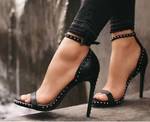 Womens Stiletto High Heel Buckle Rivet Sandals Pointed Sexy Open Toe Shoes New - Picture 1 of 8