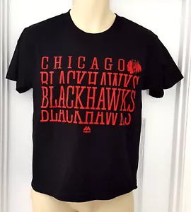 CHICAGO BLACKHAWKS Youth T Shirt Size Medium Majestic Black Tee Red 3D Logo New - Picture 1 of 2