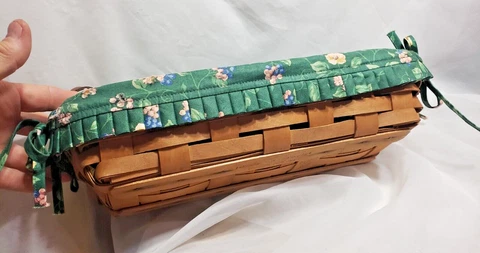 Longaberger Long 14" x 6" Rectangle Shape Basket with Leather Handles and Fabric Cover