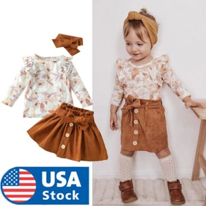 Toddler Baby Girl Skirts Outfits Floral Long Sleeve Tops+Skirt+Headband Clothes - Picture 1 of 8