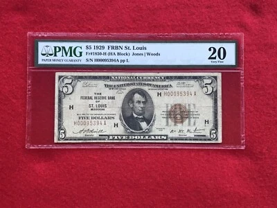 FR-1850H KEY 1929 Series $5 St Louis Federal Reserve Bank Note FRBN *PMG 20 VF* - Image 1 of 2