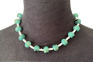 Hand Painted Sea Foam Green & Gold Bead Necklace, Hand Made Gold-toned - Picture 1 of 6