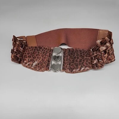 Elastic Faux Leather Stretch Belt Heart Silver Metal Buckle Leopard Animal Print - Image 1 of 4