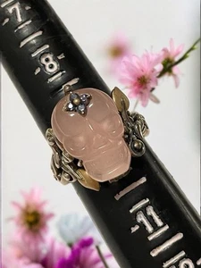 Barbara Bixby 18k and Sterling Silver Rose Quartz Carved Skull Ring, Size 9.75 - Picture 1 of 6