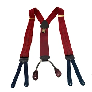 Vintage Trafalgar Adjustable Brass Braces Suspenders Burgundy Leather Striped - Picture 1 of 6