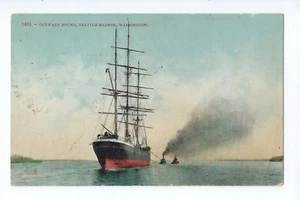 Seattle Hafen Washington Postkarte nach außen gebunden Segelboot und Schlepper um 1908 - Bild 1 von 2