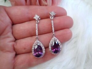 2.50 Ct Pear Cut Simulated Purple Amethyst Drop Earrings 14k White Gold Plated