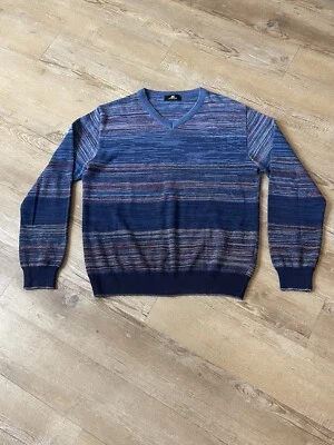 Montechiaro V-Neck Multi-Colored Blue Italian Striped Sweater - Image 1 of 4