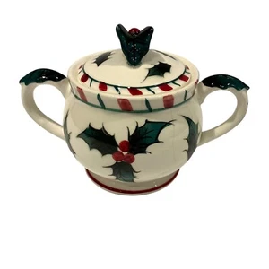 1950s Lefton Christmas Holly & Berry Candy Cane Covered Sugar Bowl with Lid - Picture 1 of 8