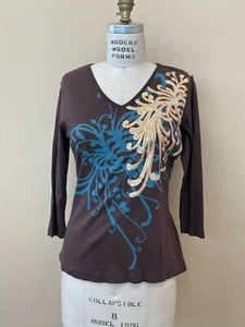 Vintage 90s Y2K Brown Metallic Gold Abstract Pattern Themed Top by Katina Marie - Picture 1 of 6