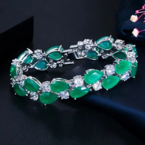 Silver Chain Mona Lisa Green Agate White Topaz Gemstone Women Jewelry Bracelets - Picture 1 of 7