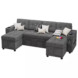 🔥U-Shaped Sectional Sofa with Double Chaise Pull Out Couch Bed Sleeper Sofa Cou - Picture 1 of 9