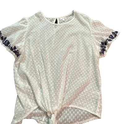 Blusa Tea Rose Blanca con Flores Bordadas Azul Marino en la Manga Corbata Cintura Grande Foto 1 de 4