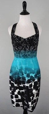 Vestido de cóctel formal espalda cruzada lápiz negro azul blanco Calvin Klein 2 Foto 1 de 4