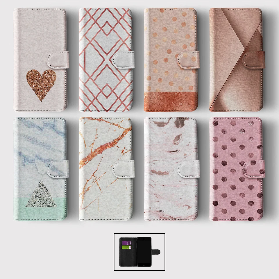CASE FOR IPHONE 16 15 14 13 12 11 SE WALLET FLIP PHONE COVER HEART DOT ROSE GOLD - Image 1 of 1