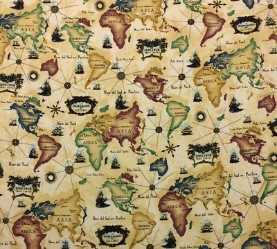 ITALIAN WORLD MAP SET SAIL BEIGE SHIPS COMPASS NOVELTY FABRIC 1.8 YARDS 54"W - Image 1 of 4