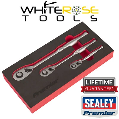 Sealey Ratchet Socket Wrench Set 3pc EVA Foam Tray 1/4" 3/8" 1/2" Drive 90 Tooth - Image 1 of 4