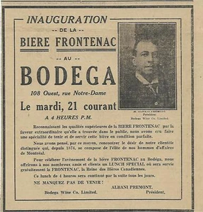 1915 PUBLICITÉ ORIGINALE DE L'INAUGURATION DE LA BIÈRE FRONTENAC au BODEGA RUE  - Bild 1 von 1