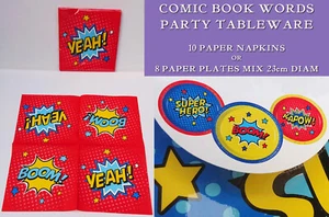COMIC WORDS 8 Kapow Superhero PARTY PLATES or 10 Boom Yeah PAPER NAPKINS Red Blu - Picture 1 of 9