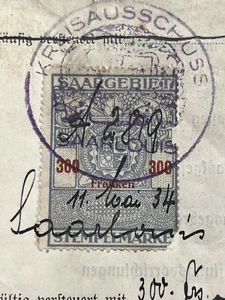 Saargebiet Gebührenmarke 300 Franc Genehmigung Wirtschaft HOSTENBACH Revenue - Picture 1 of 4