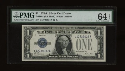 DBR 1928-A $1 Silver Funnyback Fr. 1601 LA Block PMG 64 EPQ Serial L12739637A - Image 1 of 2
