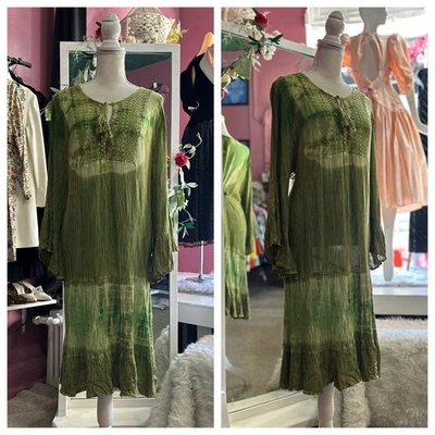 Vestido midi verde vintage Y2K años 2000 Boho Fairy Laggin look mangas largas boho 1X Foto 1 de 4
