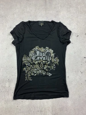 Just Cavalli Graphic T-Shirt Black Gold Baroque Print Y2K Vintage - Image 1 of 4