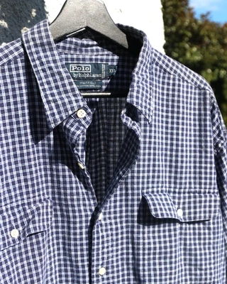 VTG Polo Ralph Lauren Whitfield Button Down Shirt Linen 2XL Blue Check Gingham - Image 1 of 4
