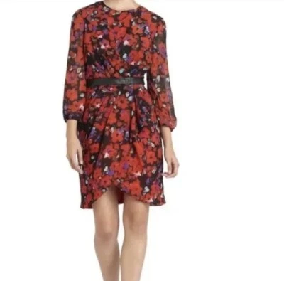 W118 Vestido Vaina Walter Baker Rojo Estampado Floral Cuero Negro Cintura Vestido M Foto 1 de 4