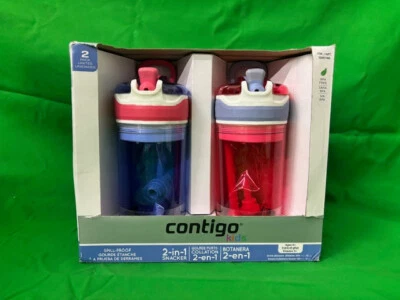 Contigo Kids 2-1 garrafas à prova de derramamento de lanches e lanchonetes (pacote com 2 roxos rosa) novo na caixa - Imagem 1 de 4