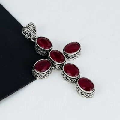 Red Ruby Gemstone Lab-Created Cross Pendant 925 Sterling Silver Handmade pendant - Image 1 of 4