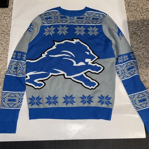 Outerstuff NFL Detroit Lions Christmas Sweater, Blue/Gray, Medium - Worn Once Cover