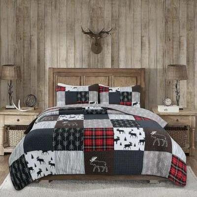 ¡NUEVO!~ ACOGEDOR CONJUNTO DE EDREDÓN A CUADROS LODGE CABAÑA DE TRONCOS COUNTRY BLANCO ROJO NEGRO CIERVO ALCE Foto 1 de 2