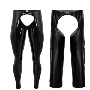 UK Men's Wet Look Leather Backless Tights Pants Open Pouch Muscle Long Trousers - Picture 1 of 20