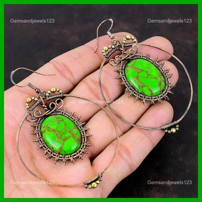 Natural Copper Green Turquoise Wire Wrapped Dangle Drop Earrings Jewelry Copper - Image 1 of 4