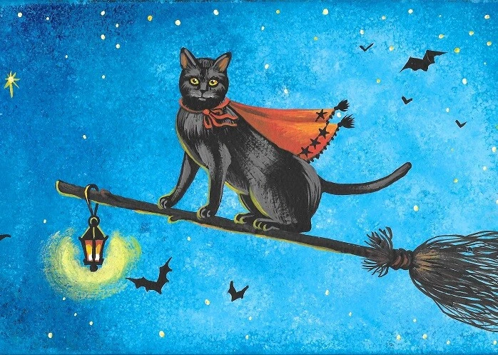 ACEO IMPRESIÓN DE PINTURA RYTA GATO NEGRO BRUJA HALLOWEEN ESCOBA MAGIA arte popular Salem Foto 1 de 1