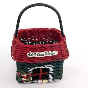 Vintage Holiday  Wicker  Basket  House Shape Window Scene Red Green w/Handle - Picture 1 of 9