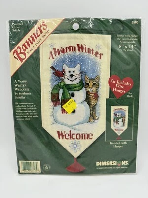 Vintage Banners Dimensions 1998 A Warm Winter Welcome Folk Art Cat Snowman 8x14” - Image 1 of 4
