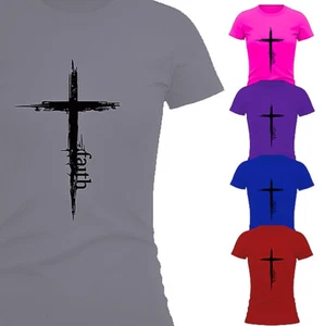 Distressed Christianity Jesus Faith Cross Women's T Shirt Religious Gift New Tee - Picture 1 of 11