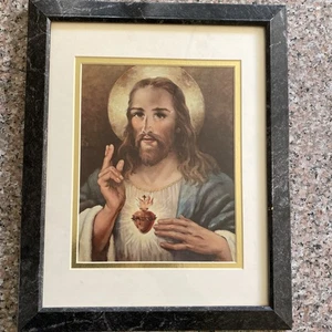Vintage Lithograph Jesus Sacred Heart Holy Heart Framed & Matted  13”x16” - Picture 1 of 3